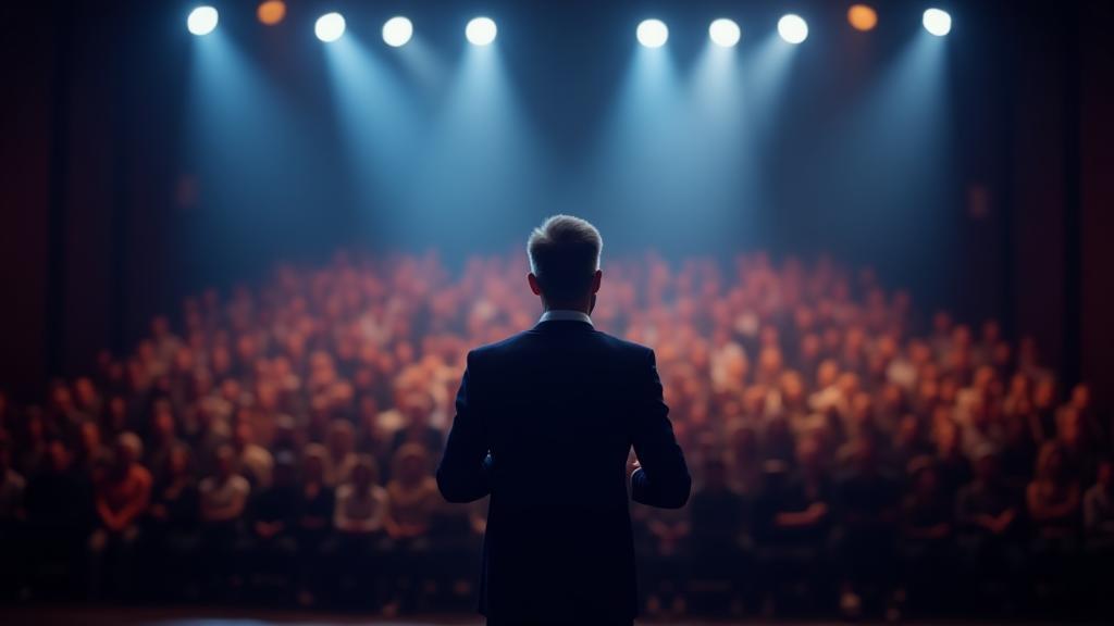 Confident speaker on a stage presenting to a large audience