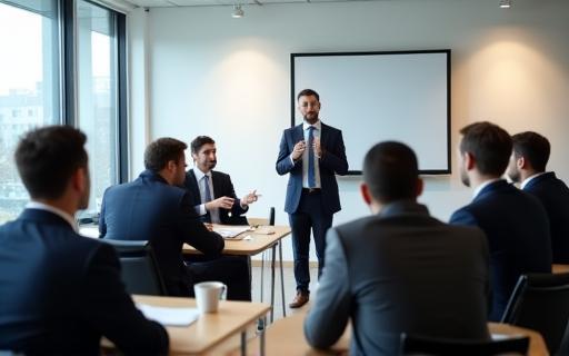 Business professionals participating in a corporate communication training session