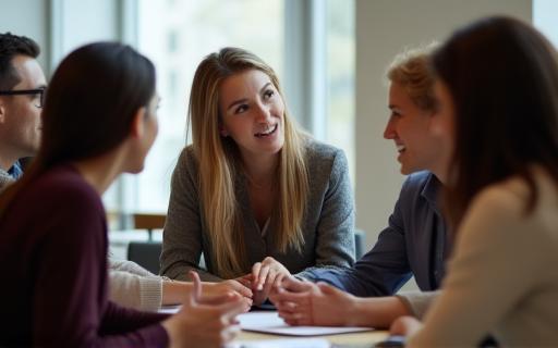 Group participating in a public speaking workshop discussion